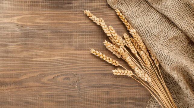 A flat lay image featuring a group of wheat sheaves arranged on a rustic brown wooden surface with a linen fabric