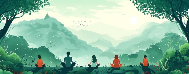 A serene illustration of people practicing mindfulness and meditation, symbolizing International Day of Happiness The background includes a peaceful natural setting with ample copy space for text