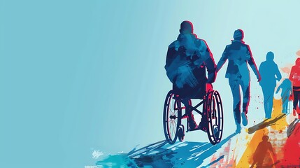 An impactful illustration of people with disabilities achieving goals, promoting International Day of Persons with Disabilities The background includes a supportive community scene with ample copy