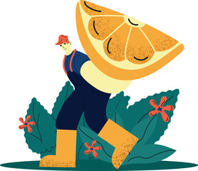 A cartoon man carrying a large orange 