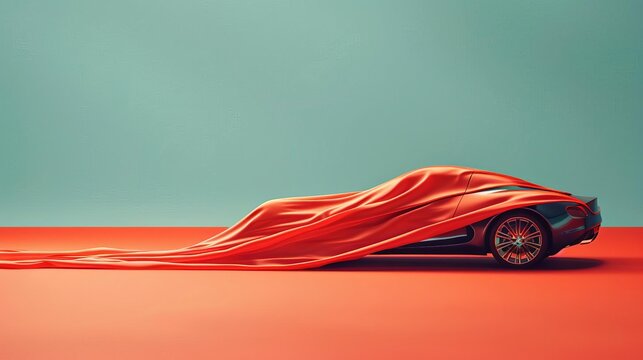 Unveiling of a new car model under a red silk cover