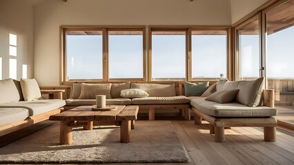 Natural scandinavian living room interior with wooden furniture