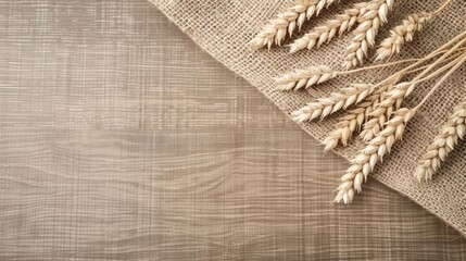 A flat lay image featuring a group of wheat sheaves arranged on a rustic brown wooden surface with a linen fabric