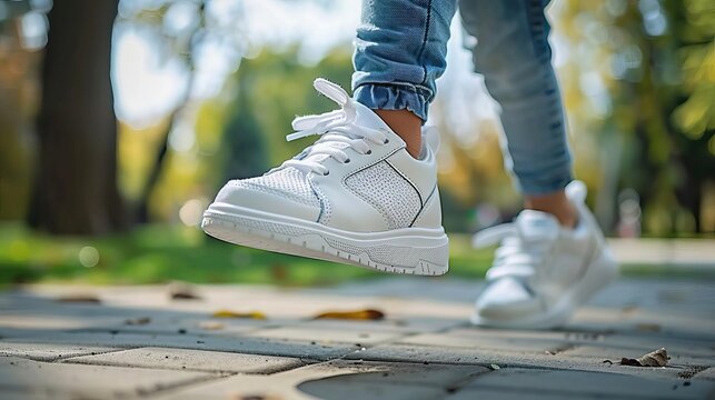 White sneakers on a child model running in a park