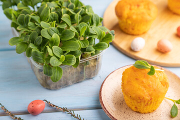 Homemade cakes with chocolate eggs and borage microgreen on a blue, side view, selective focus.