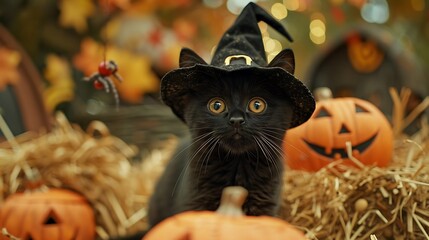 Realistic photos, high definition 8K An enchanting scene of a black cat with a witch's hat sitting among Halloween decorations. The image should be visually striking with a rich color palette and