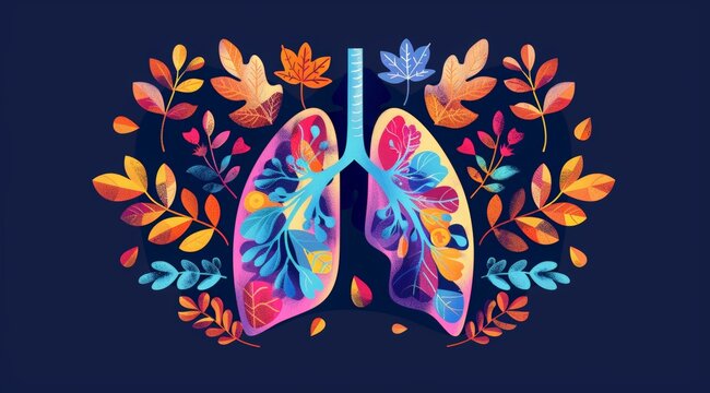 World Lung Cancer Day. World Asthma Day, a humanoid figure's lungs are depicted on a dark blue background with colorful leaves