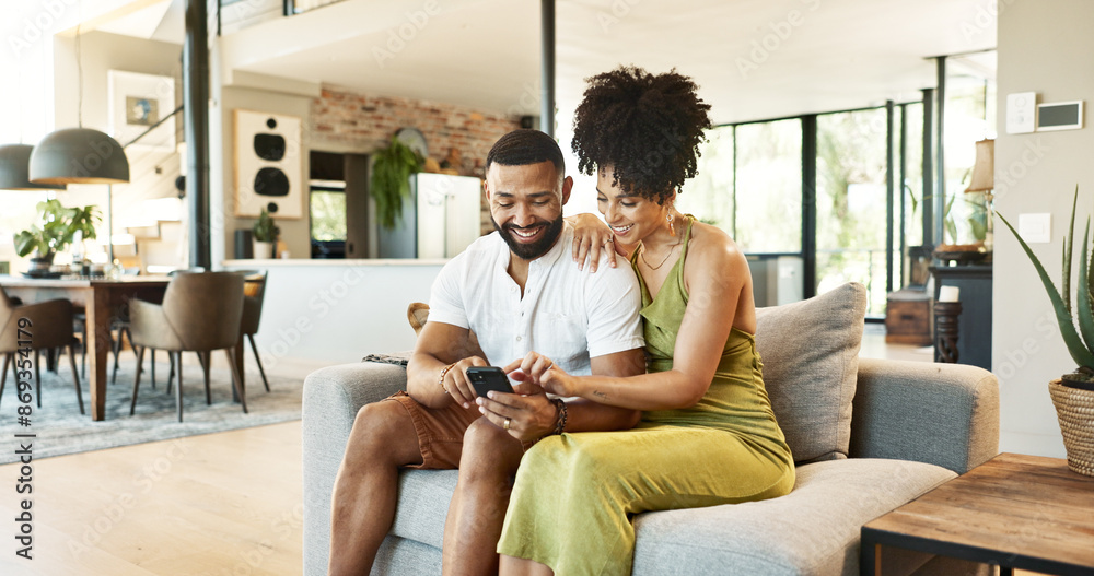 Poster couple, relax and happy with phone in home for social media meme, internet scroll or text message no