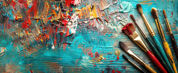 Obraz premium Artistic paintbrushes on an artist's palette with colorful oil paints, set against a textured wooden background. With copy space