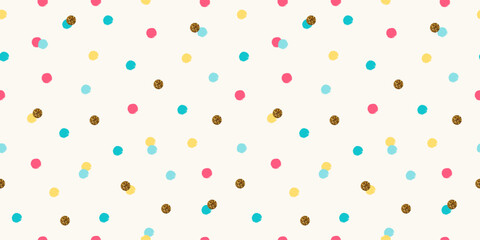 Fun colorful dots seamless pattern. Green, pink, and yellow dots on white. Metallic golden texture.  Simple childish backdrop.  Design for cards, party invitations, packaging, and surface design.