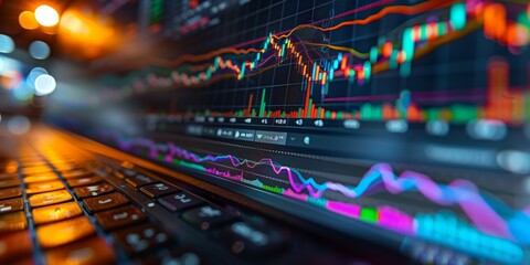 Obraz premium Stock Market Graphs and Keyboard Close-Up. Close-up of a computer keyboard with stock market graphs on the screen, illustrating financial trading and data analysis.
