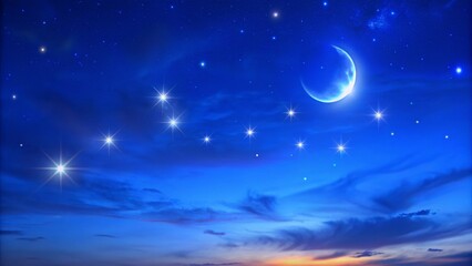 Obraz premium crescent and stars on night sky background, ramadan kareem greeting background with moon at the evening light