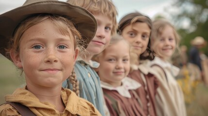 Naklejka premium Children on a school field trip, dressed in pioneer clothing at a historical village