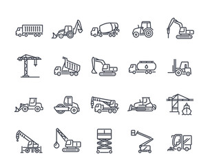 Set of construction machinery linear icons set. Truck, concrete mixer, tractor, excavator and crane for construction site. Editable stroke. Outline vector collection isolated on white background © Rudzhan