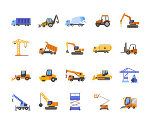 Set of construction machinery icons set. Colorful signs with bulldozer, dump truck, excavator, crane and forklift. Vehicles for construction. Flat vector collection isolated on white background