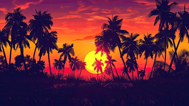 Vibrant palm tree silhouettes against a glowing sunset backdrop