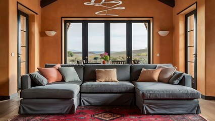 Fototapeta premium Grey sofa in bright living room