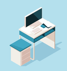 Isometric medical equipment. Modern furniture for doctor workspace in clinic or hospital. Desk with computer in reception area or therapist office. 3D vector illustration isolated on blue background