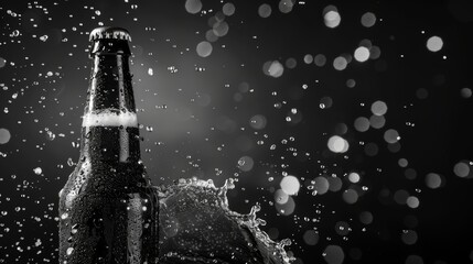 Horizontal banner. International Beer Day. A bottle of cold light beer on a dark table. Black an white photo. Free space for text, copy space