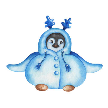 recommend clip art: Watercolor illustration. Hand painted cartoon penguin in blue costume with deer antlers. Baby penguin boy. Marine sea bird. South Pole. Cartoon character. Isolated clip art for Christmas card