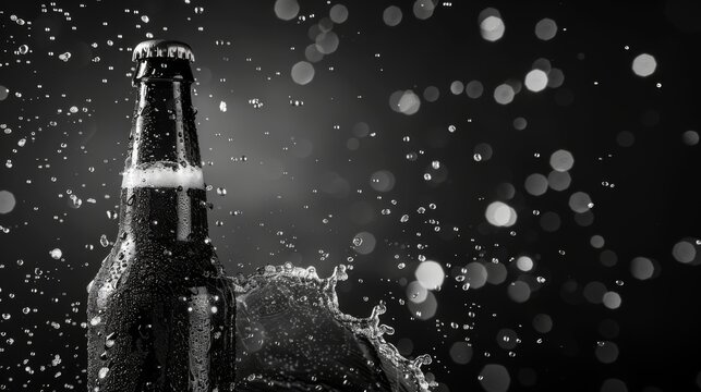 Horizontal banner. International Beer Day. A bottle of cold light beer on a dark table. Black an white photo. Free space for text, copy space