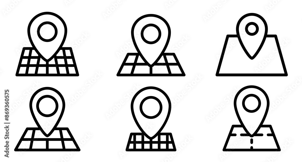 Wall mural gps vector icons set. black map pin icon. minimalistic linear icon of a location pin marking a spot 