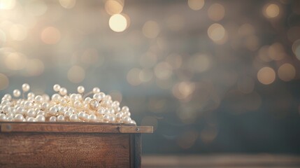Rustic wooden box filled with elegant pearls and gold ring amidst bokeh lights