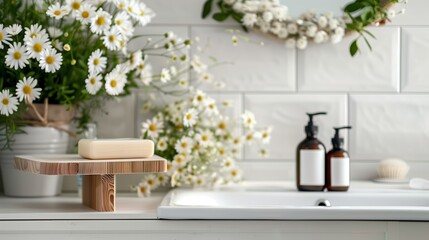 display setup of flowers and soap bottles on bathroom or toilet mirror shelf