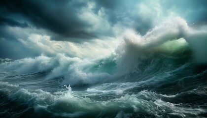 This captivating image captures the sheer power of the ocean as massive waves crash and churn under a sky filled with ominous storm clouds, embodying nature's raw and relentless energy.