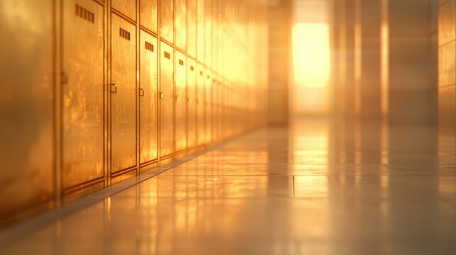 Sunlit school hallway with rows of lockers and shiny floor reflecting warm light - Powered by Adobe