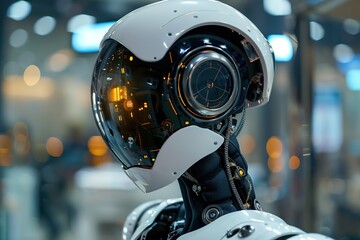 Fototapeta premium Close-up of futuristic robot head with complex mechanisms