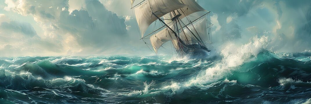 a wallpaper featuring a vast, realistic ocean expanse with a majestic sailing ship navigating through rough waves
