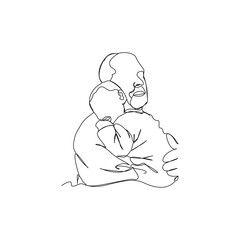 Fathers day line art style vector illustration, father and son line art illustration. Father helping his son to wear a cycling helmet, Happy friendship day with my dad and friends people, Father's Day