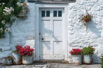 Naklejka premium Charming front door with floral decorations and contrasting white facade
