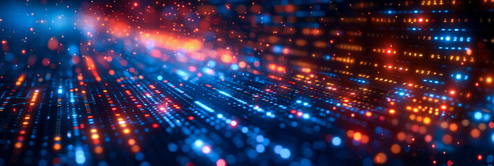 Obraz premium Data Stream in Neon Lights. An abstract image representing a data stream illuminated by neon lights in blue and orange, showcasing digital information flow and technological innovation. big tada,
