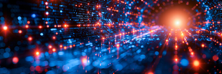 Obraz premium Futuristic Data Stream with Binary Code. A dynamic, abstract visualization of a data stream with binary code. The image features bright blue and red lights, creating a high-tech, futuristic atmosphere