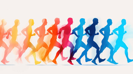 Dynamic illustration of multiple runners in vibrant colors, showcasing movement and athleticism. Ideal for sports-themed designs, fitness promotions, and active lifestyle campaigns.