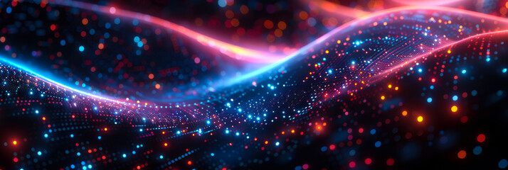 Obraz premium Abstract Digital Waves with Glowing Particles. A stunning abstract image of digital waves with glowing particles. The image features a blend of blue and pink hues, creating a futuristic dynamic scene.