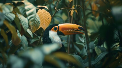 Close-up of a toucan with its striking beak, nestled among vibrant green leaves in a tropical forest, showcasing natural beauty