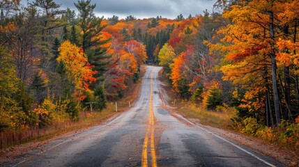 Fototapeta premium Scenic road through autumn forest with colorful foliage