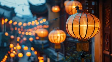 Traditional street illuminated with colorful lanterns creating a lively and festive atmosphere.