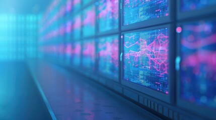 Futuristic data and network visualization on multiple monitors in modern server room