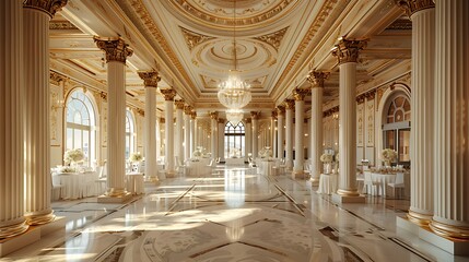 An elegant ballroom with grand columns and a dome ceiling, decorated in gold leaf for an opulent wedding ceremony decor. The room is filled with white table linens and chandeliers that cast soft