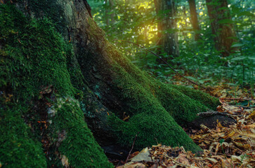 Old tree roots covered with green moss. Forest landscape. Fallen leaves at foot of the trees.