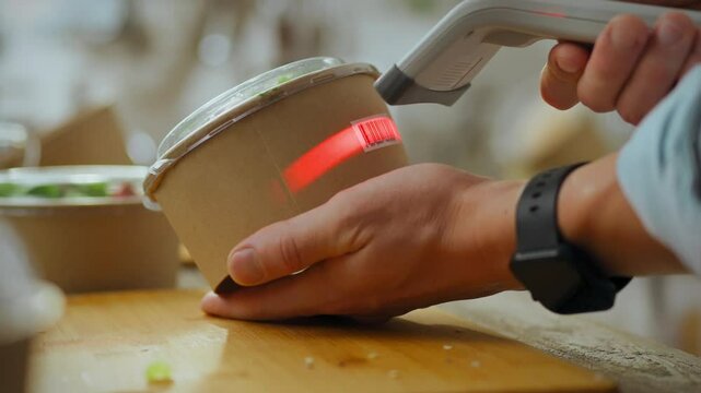 Eco. A production line operator dressed in work clothes scans barcode with data while in logistics warehouse. Sorting warehouse worker uses laser scanner to adhere to no waste production, protection