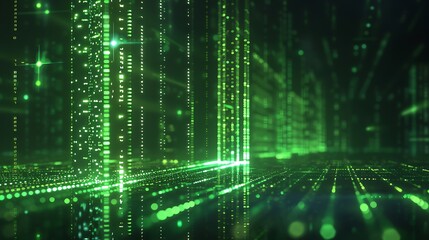 Obraz premium A glowing green vertical line of data flowed from left to right on a black background, creating an abstract digital landscape with futuristic and technological elements. The lines created the shape