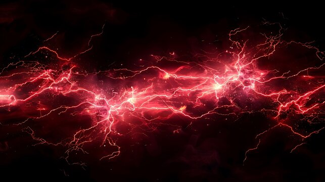 Red lightning, horizontal lightening, red thunderclound, red thunder lighting effect on dark background, horizontal line effect, horizontal lines of fire and sparks. Red lightning, electricity,