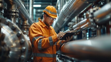 Male inspector conducting checks on steel pipes and elbows at refinery.