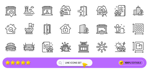 Market seller, Inspect and Buildings line icons for web app. Pack of Skyscraper buildings, Delivery man, Floor plan pictogram icons. Building energy, Lighthouse, Shop signs. Search bar. Vector