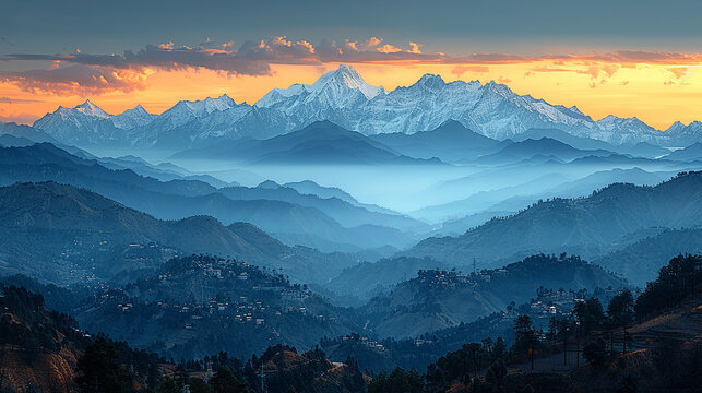 Panoramic View of the Snowcapped Himalayas at Golden Hour Featuring Rugged Terrain, Dark Forests, and Distant Villages
